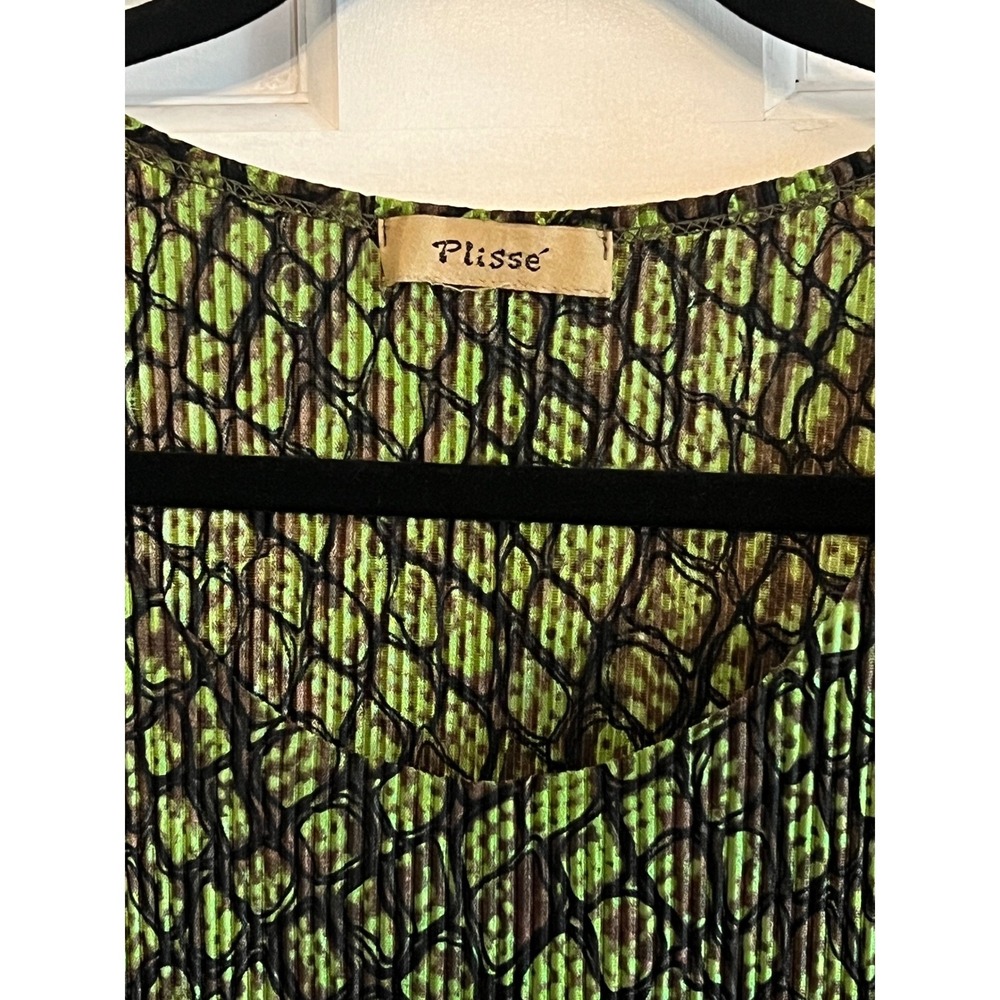 Vintage Y2K Plisse Lime Green Black Snakeskin Pleated Tank Top Size M - Picture 3 of 4
